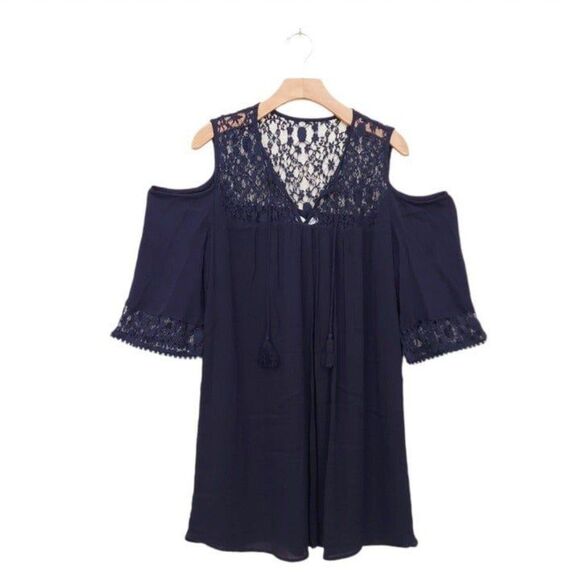 Heartloom Dresses & Skirts - Heartloom Mini Dress Womens Large Navy Cold Shoulder Lined Bohemian Langenlook